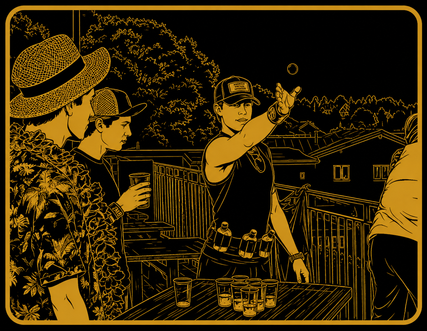 Beeroupa stylized image of Jack Dolk, Johan Kinch and Simon Samson at a beer pong table