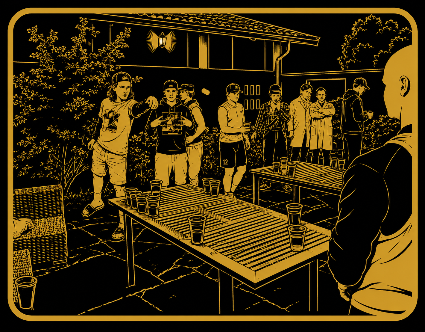 Beeroupa stylized outdoor beer pong match scene